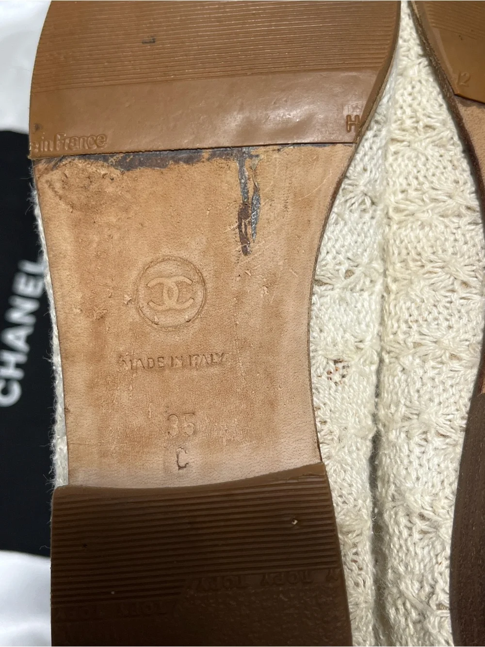 CHANEL Beige Tweed Flats with Black Cap Toe and Bow
